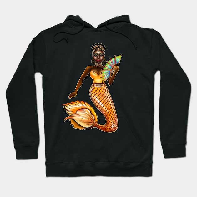 mermaid with gold scales and fan, tiara, necklace,brown eyes curly Afro hair and dark brown skin. Black mermaid Hoodie by Artonmytee